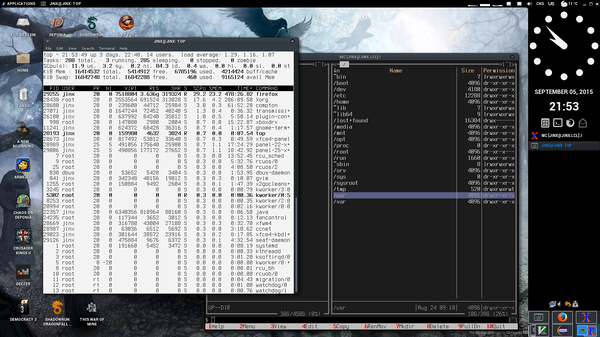 top, запущенный в gnome-terminal, и Midnight Commander с темой xoria256, запущенный в xterm